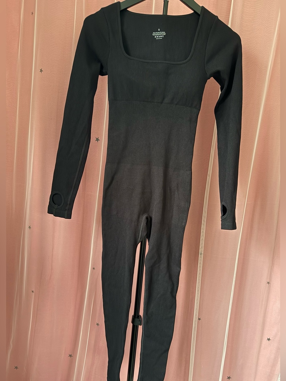 Popilush Long-Sleeve Black Ribbed One-Piece Jumpsuit with Shapewear Size S